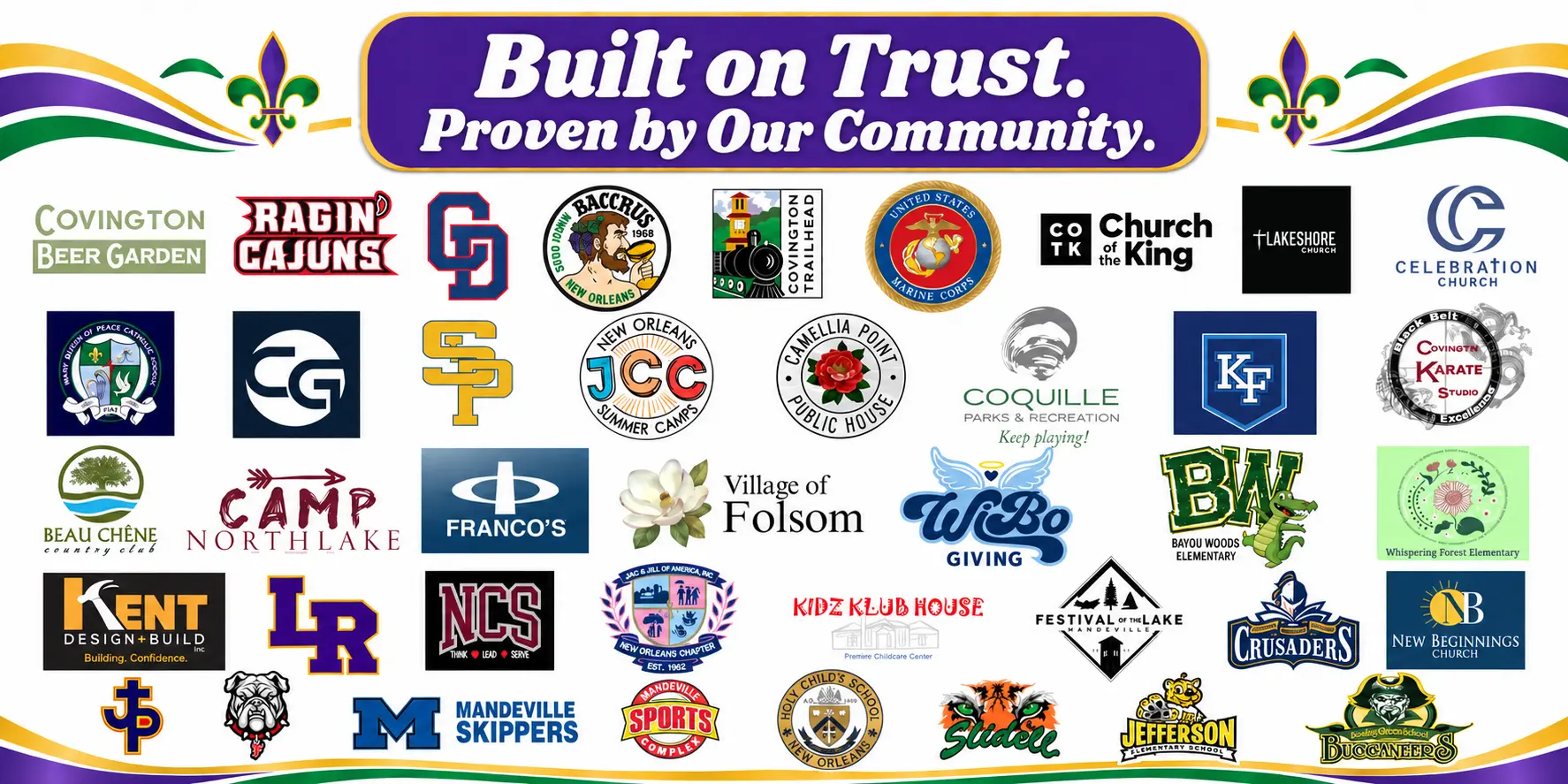 Built on Trust. Proven by Our Community — organizations served by Krewe Inflatables